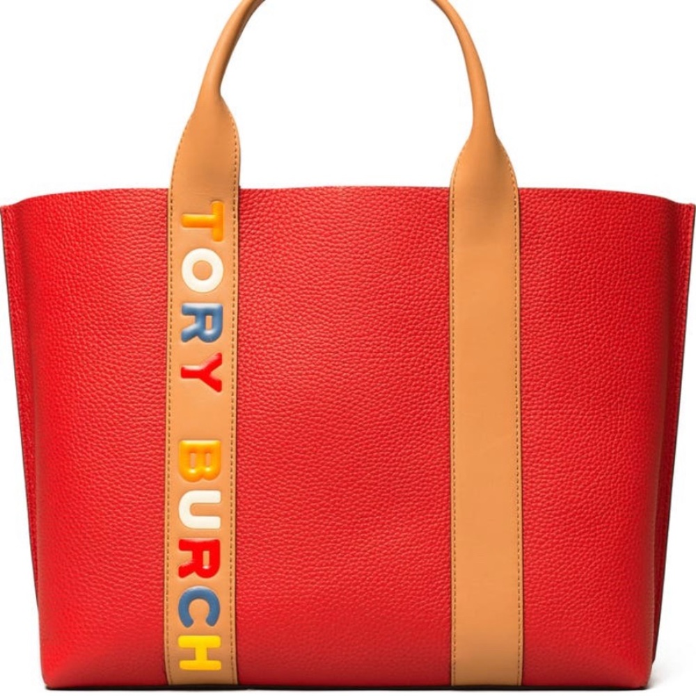 Authentic TORY BURCH LOGO stripe Leather Tote - Picture 13 of 16